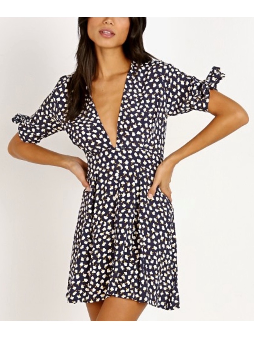 FAITHFULL THE BRAND Navy Blue Birgit Vintage Bloom Mini Dress Deep V-Neck 4/S